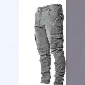 Premium men's grey skinny cargo jeans with side pockets and a stylish slim fit design