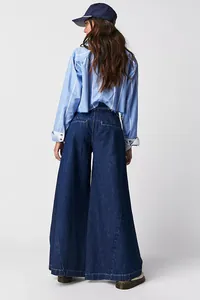 Back view of stylish high-waisted dark blue wide-leg denim jeans for street style fashion