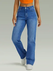 Close-up detail of high-waisted blue stretch straight-leg denim jeans for women