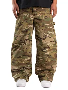 Detail view of men's loose fit camouflage cargo pants featuring durable ripstop fabric.