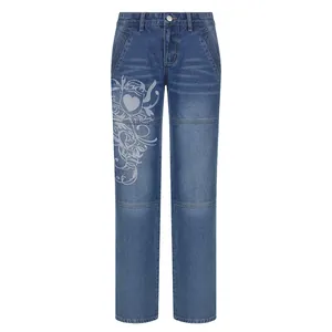 Detailed front view of women's wide-leg denim jeans with a graphic heart print