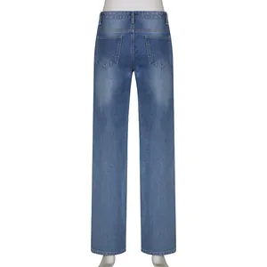 Detailed back view of stylish women's loose wide-leg blue denim jeans on a mannequin.