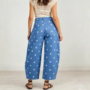 Back view of women's blue polka dot wide leg curved denim jeans for a relaxed look