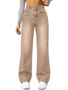 High-waisted women's stretch straight-leg denim pants in trendy khaki wash color