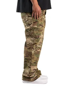 Detailed side view of men's loose camouflage cargo pants featuring MultiCam pattern
