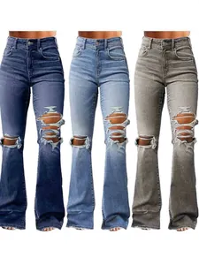 Women Retro Blue Ripped Flare Jeans High Waist Distressed Denim Pants Slim Fit Frayed Hem Stretchy Bell Bottom Jeans