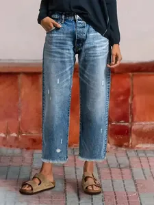 Women Distressed Straight Leg Jeans Frayed Hem Washed Denim Pants Casual Mid Waist Ripped Cropped Trousers Western Style