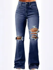 Retro blue distressed flare jeans for women with skinny stretch denim and ripped knees