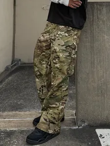 Detailed side view of men's loose camouflage cargo pants featuring a multicam pattern