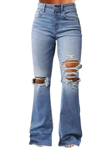 Trendy high-waisted light blue ripped micro-flare jeans for women with stylish frayed hems