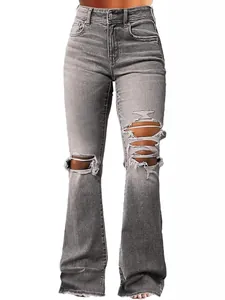 Vintage high waisted grey ripped flare jeans with slim fit stretchy denim for women