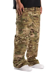 Side profile of men's loose-fit multicam camouflage cargo pants in a durable fabric
