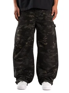 Men's loose fit dark camouflage cargo pants with reinforced knee patch detail