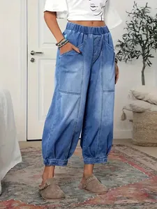 Vintage high-waisted wide-leg denim cropped pants with elastic waist for women