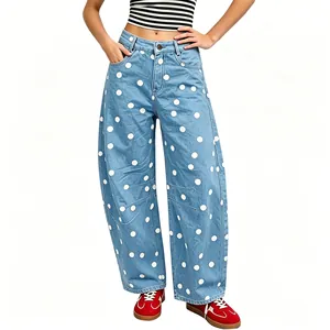 Stylish women's light blue polka dot wide-leg baggy denim jeans with a relaxed fit