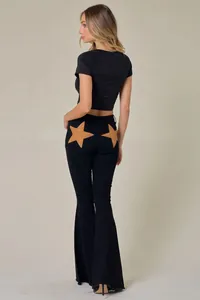 Premium black flared denim jeans featuring stylish brown star patches on the back pockets
