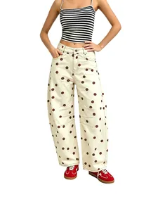 Women's trendy low-rise baggy polka dot jeans with a relaxed fit and wide leg.