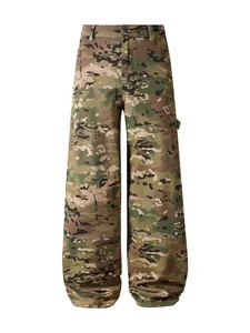 Detailed view of men's loose camouflage cargo jeans with classic Multicam pattern print