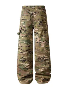 Rear view detail of men's loose camouflage cargo pants featuring large back utility pockets