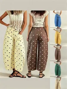 Women Polka Dot Barrel Jeans High Waist Wide Leg Denim Pants Ankle Length Curved Leg Casual Loose Trousers