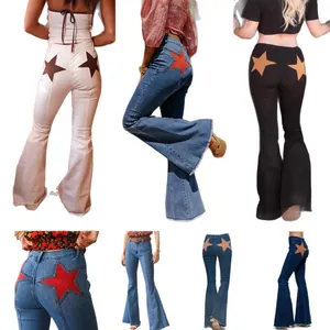 Women's high-waisted stretch flare jeans with retro star patch design on the back
