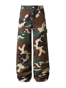 Front view detail of men's loose camouflage cargo jeans with woodland pattern.