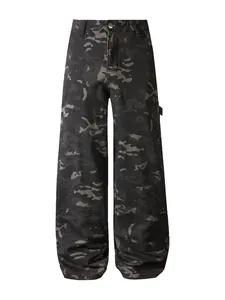 Frontal full view of men's loose fit camouflage cargo jeans in a dark grey camo pattern
