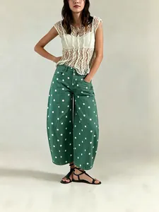 Women's green polka dot wide-leg barrel jeans with high waist for casual wear
