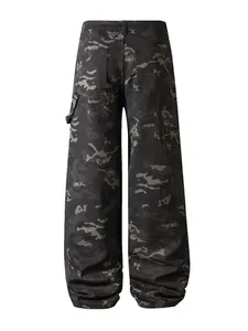 Detailed back view of men's loose camouflage cargo pants featuring dark grey camo pattern