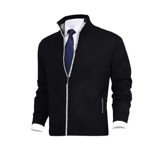 Detailed view of a black men's stand-collar knitted cardigan sweater with zip closure
