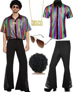 Detailed view of 70s disco costume set including rainbow sequin shirt and afro wig
