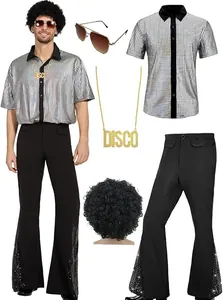 Complete 70s men's disco costume set with shiny shirt flared pants wig and gold necklace