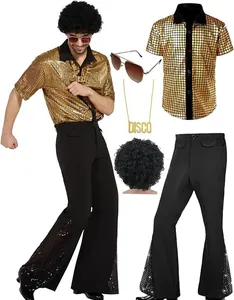 Full 70s men's disco outfit set with gold sequin shirt, flare pants, wig, and accessories.