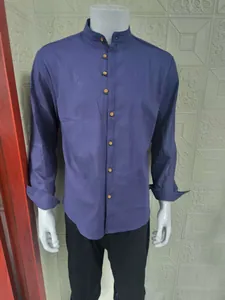 Detailed view of a men's purple stand-collar casual shirt with button-down front