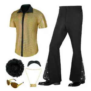 Complete men's 70s disco performance costume set with retro shiny shirt and flare pants