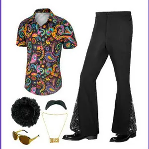 Complete 70s disco costume set with paisley shirt, flare pants, wig, and accessories