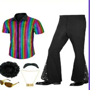 70s men's retro disco costume set with rainbow shirt, flare pants, and accessories