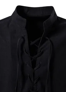 Close-up detail of the black cotton Henley shirt featuring a lace-up front and a stylish stand collar