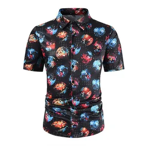 Detailed front view of a 70s retro disco ball print short sleeve shirt for men