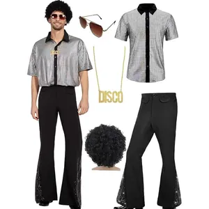 Men's 70s disco costume set with silver sequin shirt, bell bottoms, wig and shades.