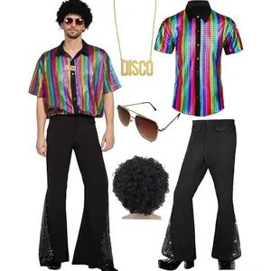 70s men's disco costume set with rainbow sequin shirt, bell bottoms, and afro wig