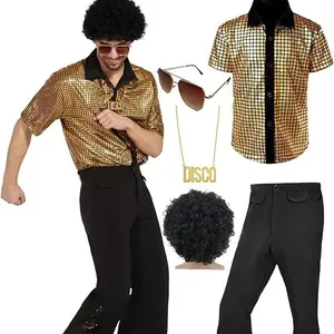 Men's 70s retro disco costume set with gold sequin shirt, flared pants, and afro wig