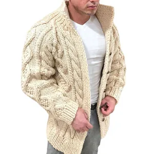 Cardigan da uomo in maglia a trecce con collo alto, elegante colore bianco crema