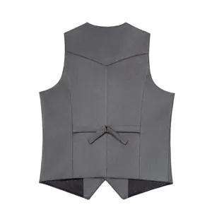 Back view of a grey suede western-style men's vest with adjustable buckle strap detail