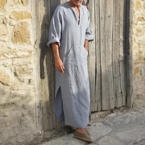 Full-length view of men's cotton linen robe in light blue with side slits and v-neck
