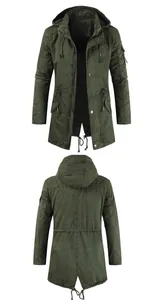 Front and back views of a men's slim-fit spring zip-up hooded jacket in olive green