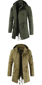 Two men's slim fit hooded jackets in olive green and khaki with drawstring waist