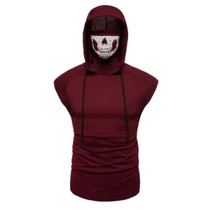 Men's stylish dark red short-sleeved hooded T-shirt featuring an integrated skull face mask