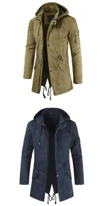 Slim fit men's hooded parka jackets in khaki and navy blue with utility pockets.