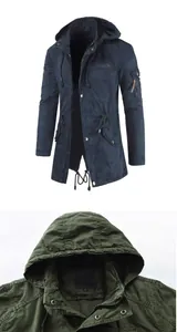 Detailed view of a men's slim-fit hooded jacket featuring a zipper and pocket accents.
